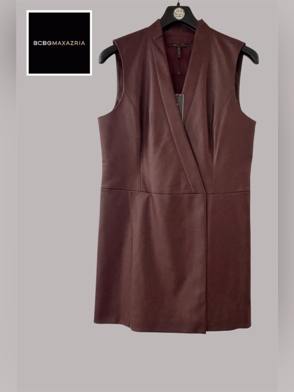 BCBGMAXAZRIA - Short Faux Leather Wrap Dress in BORDEAUX - Picture 2 of 11